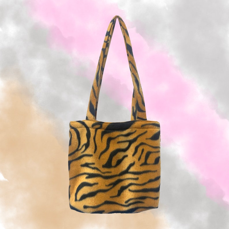 Small Tote Bag made from Tiger Print Fabric in Brown or Pink Rockabilly Punk 80s 90s Y2k