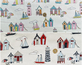 1 full metre Cream Beach Huts Polycotton fabric//Material
