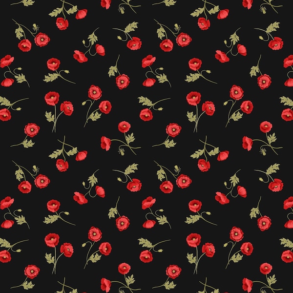 Coquelicots sur noir, tissu Lewis et Irene 100% coton, jour du Souvenir, couture, matelassage, patchwork, artisanat