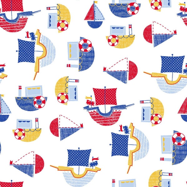 Boats 100% craft cotton fabric, nautical sea life, seaside, under water, novelty, sewing, dressmaking, half metre, full metre * UK seller *