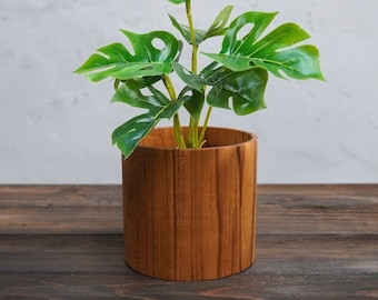 Small Teak Wood Plant Pot - Round Wooden Vase Home Gardening - Wooden Jar - Kitchen Utensil Holder - Indoor Planter - Housewarming Gift