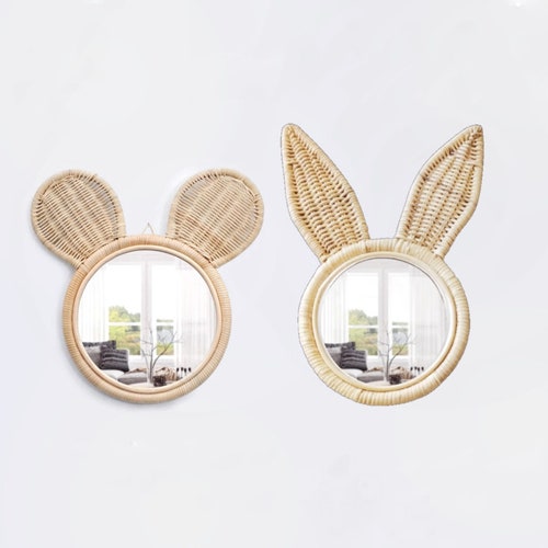 Cute Bunny Ears/bowknot Natural Rattan Round Mirrors Wall Etsy