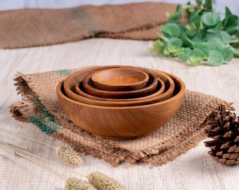 Hand Carved Teak Wood Nesting Bowls Set – 5 Bali Artisan Sizes (S-XXL)