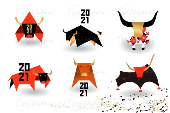 Happy New Year 2021. Year of Bull, Ox Taurus. Chinese lunar zodiac symbol of 2021. Vector illustration with cow, ox.