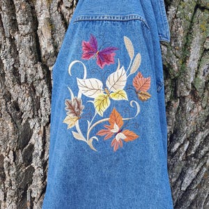 XL Upcycled Denim Jacket: Embroidered Fall Leaves and butterflies