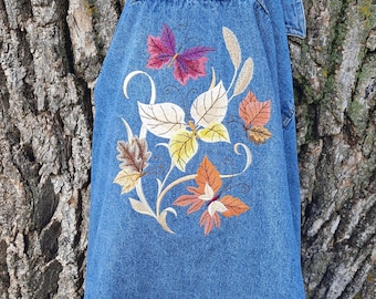 XL Upcycled Denim Jacket: Embroidered Fall Leaves and butterflies