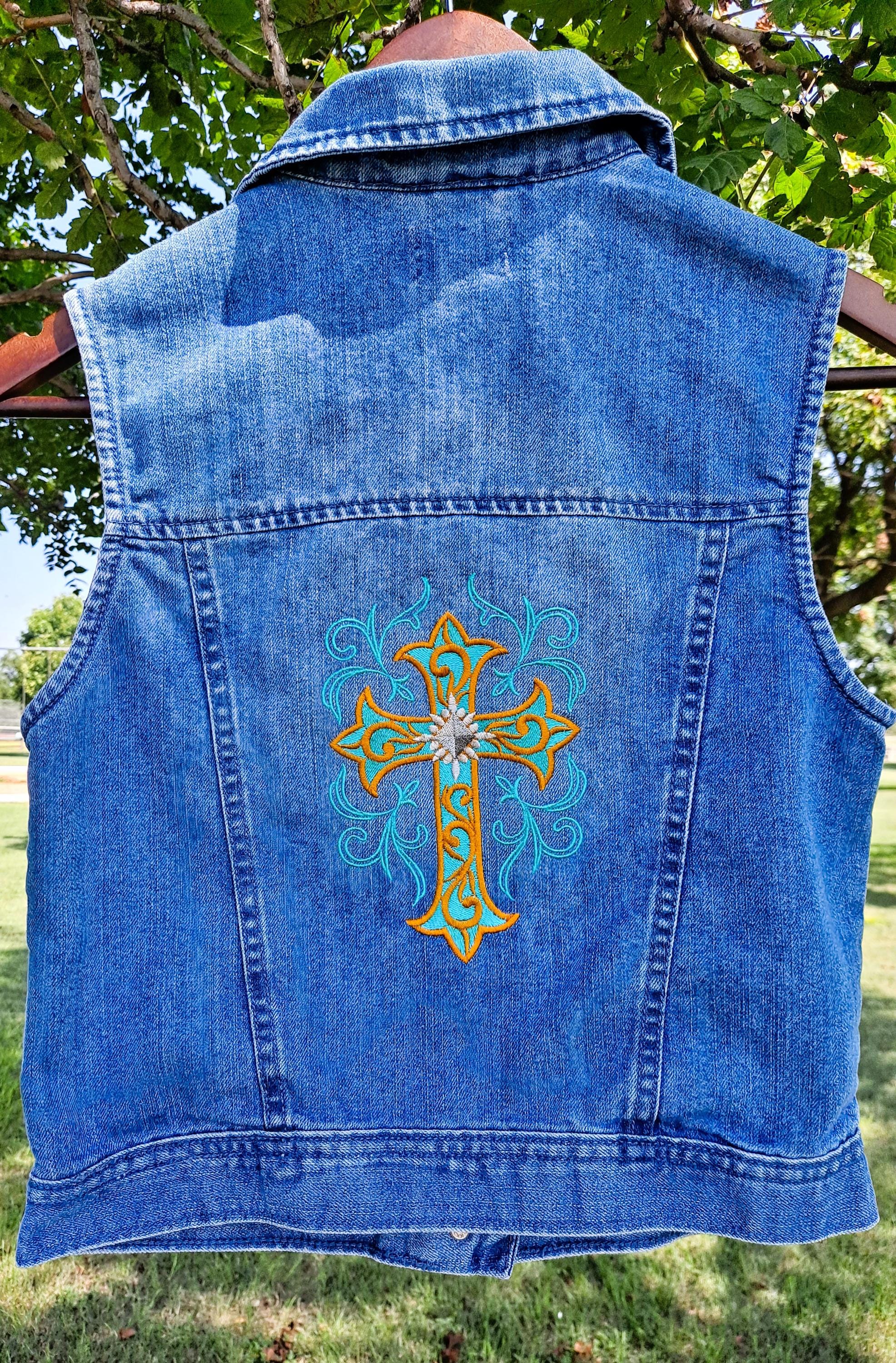 Size Girls Large (10/12) Upcycled Denim Vest: Embroidered Cross