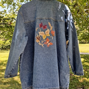 Size XL, Upcycled Cabin Creek Denim Jacket, Embellished with a Fall Leaf Butterfly design, embroidered jean jacket