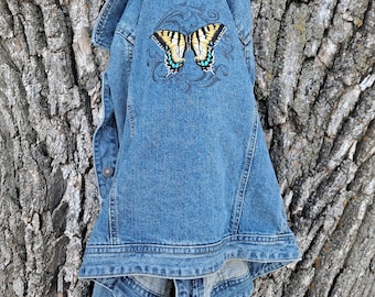 Size L Upcycled Denim Jacket: Embroidered Yellow Butterfly, Route 66 Trucker