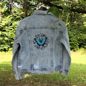 Size Small Upcycled, denim jacket, trucker style jean jacket machine embroidered with Blue Butterfly design, Old Navy denim jacket