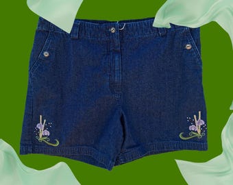 Size 16, Christopher & Banks, Upcycled denim shorts, embellished with lavandar embroidery