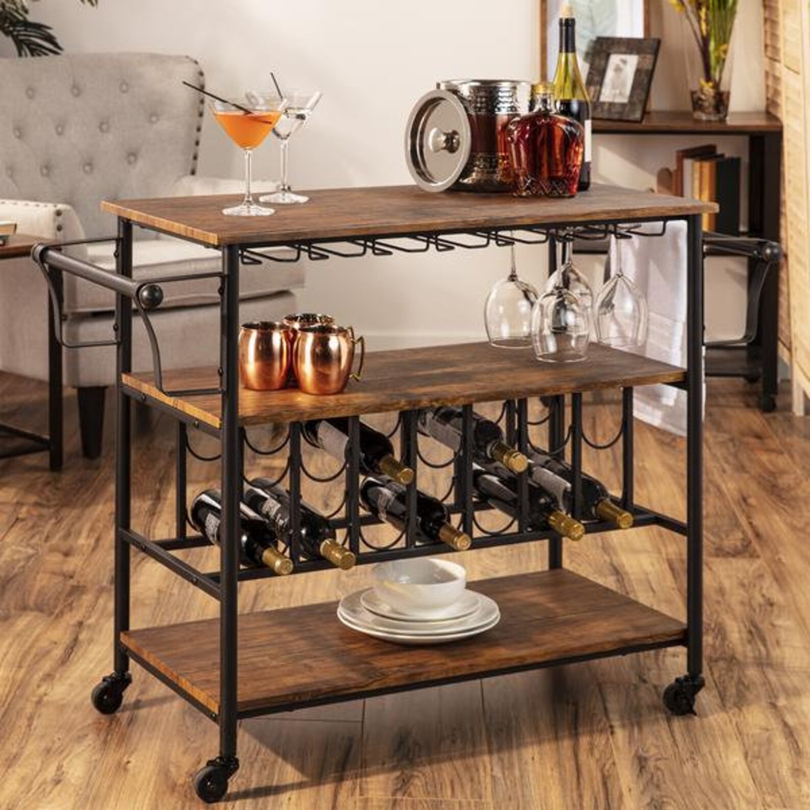 Industrial Wood Bar and Wine Cart W/ Bottle and Glass Racks Etsy