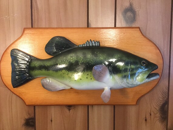 Largemouth Bass Wood Carving on Stained Plaque -  UK