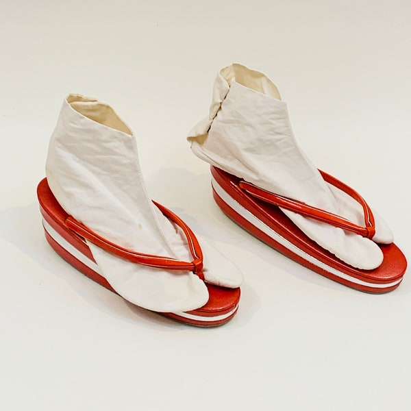 Vintage Japanese Geisha Zori Okobo Shoes Platform Flip Flops Sandals and Tabi Socks