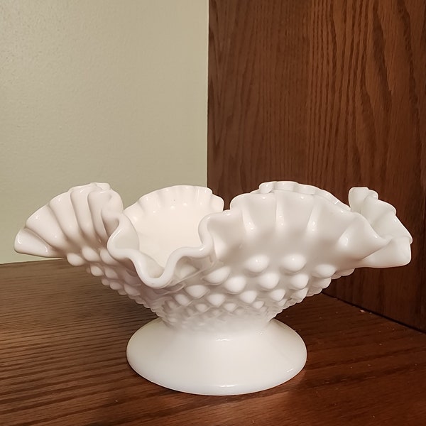 Hobnail Milk Glass Ruffle-edge Footed Candy Dish