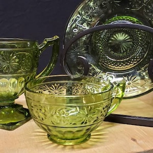 Vintage Green Daisy Indiana Glass Cups, Saucers, and Sugar Bowl