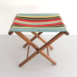 Wood Folding Camp Stool with beautiful colorful fabric, 1960s image 1