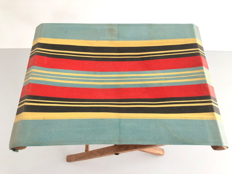 Wood Folding Camp Stool with beautiful colorful fabric, 1960s image 8