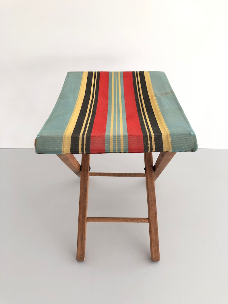 Wood Folding Camp Stool with beautiful colorful fabric, 1960s image 5