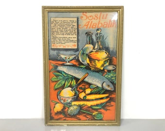 Fabric Print Salmon Trout Recipe in Turkish Language XL Wall Decor with wooden frame