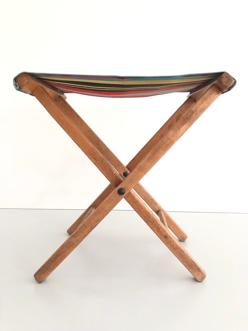 Wood Folding Camp Stool with beautiful colorful fabric, 1960s image 6