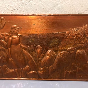 Embossed Shepherdess and Sheep Herd Theme Copper Reliefart