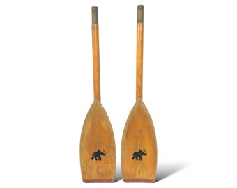 Duck Boat Canoe Oars with Elephant Ilustration, Pair of Wood Paddles
