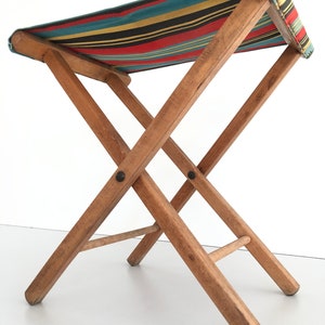 Wood Folding Camp Stool with beautiful colorful fabric, 1960s image 7