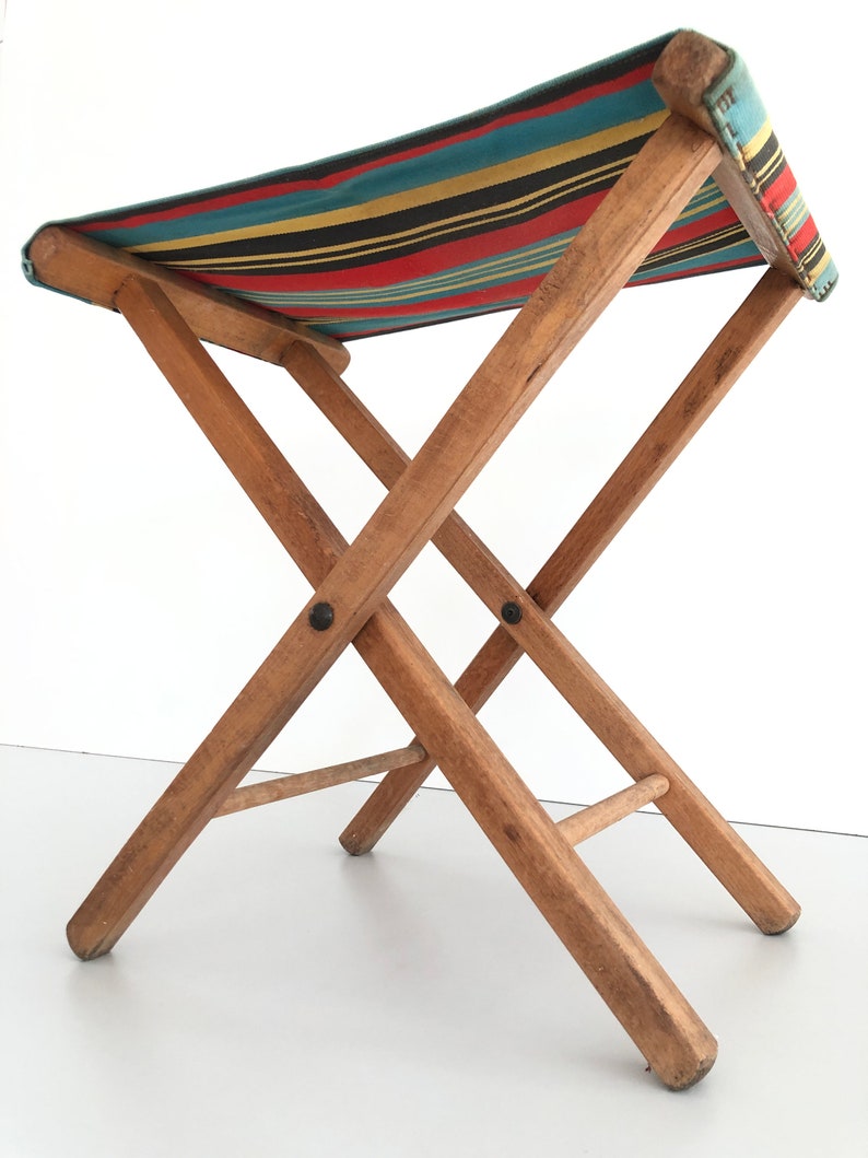 Wood Folding Camp Stool with beautiful colorful fabric, 1960s image 7