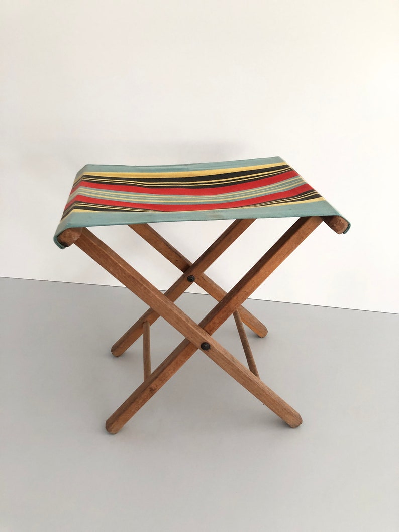 Wood Folding Camp Stool with beautiful colorful fabric, 1960s image 3