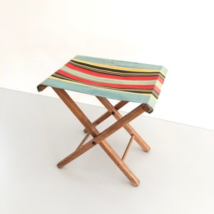 Wood Folding Camp Stool with beautiful colorful fabric, 1960s image 2