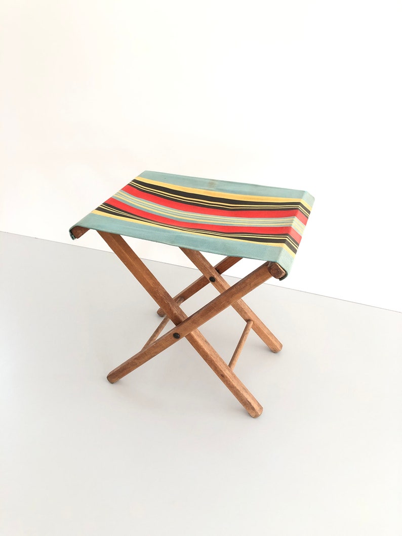 Wood Folding Camp Stool with beautiful colorful fabric, 1960s image 2