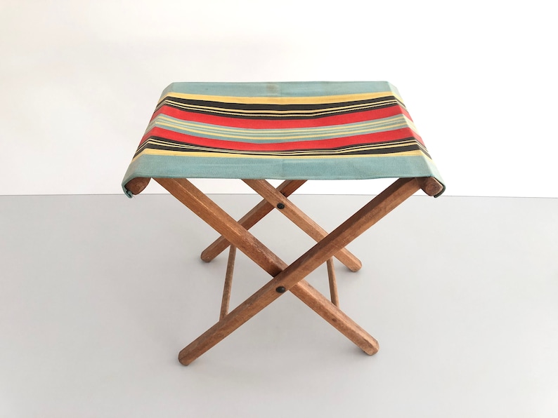 Wood Folding Camp Stool with beautiful colorful fabric, 1960s image 1