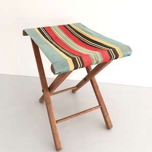 Wood Folding Camp Stool with beautiful colorful fabric, 1960s image 4