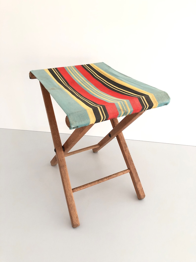 Wood Folding Camp Stool with beautiful colorful fabric, 1960s image 4