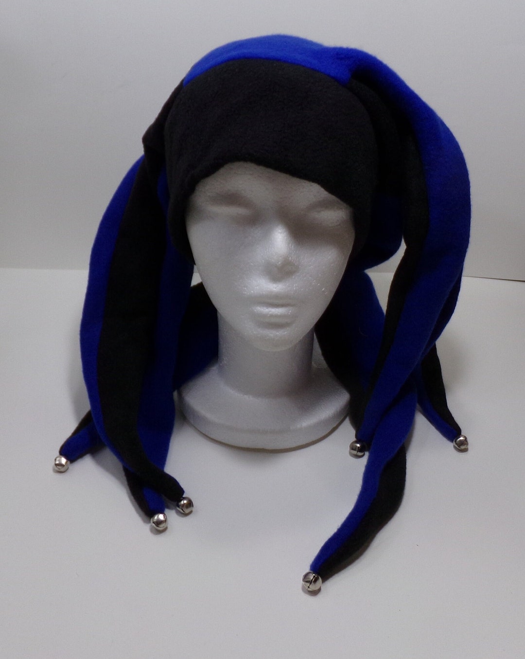 Blue / Black FLEECE JESTER HAT 6 Points With Bells Stretchy Etsy