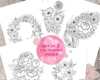 Floral Colouring Pages for Adults. Set of 5 Hand-Drawn Illustrations. Printable PDF. Instant download.