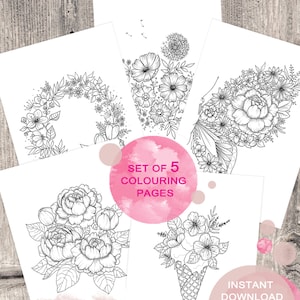 Floral Colouring Pages for Adults. Set of 5 Hand-Drawn Illustrations. Printable PDF. Instant download.