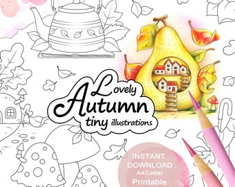 Lovely Autumn Tinies Colouring Page Set for Adults. 24 tiny illustrations. Printable PDF. Instant download.