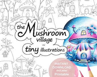 Mushroom Village Coloring Page Set: 20 Tiny Illustrations (Printable PDF)