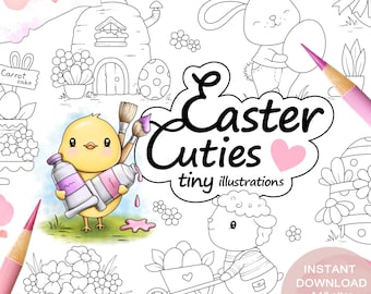 Set di pagine da colorare di Easter Cuties per adulti. 24 minuscoli e un'illustrazione a tutta pagina. PDF stampabile. Download istantaneo.