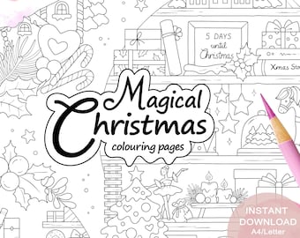 Magical Christmas Colouring Page Set for Adults. 3 pages. Printable PDF. Instant download.