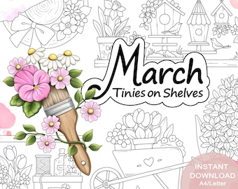 Tinies on Shelves MARCH Colouring Page Set for Adults. 5 pages. Printable PDF. Instant download.