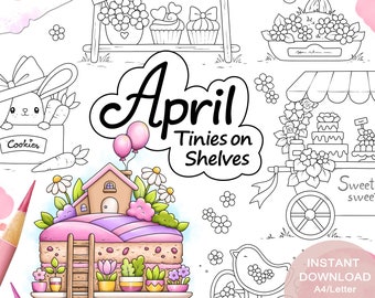 Tinies on Shelves APRIL Colouring Page Set for Adults. 4 pages. Printable PDF. Instant download.