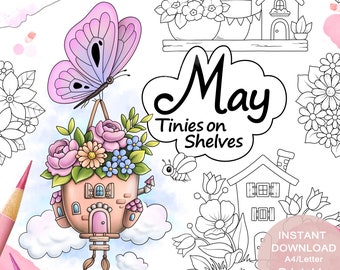 Tinies on Shelves MAY Colouring Page Set for Adults. 4 pages. Printable PDF. Instant download.