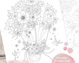 Floral Air Balloon Colouring Page for Adults. Printable PDF. Instant download.