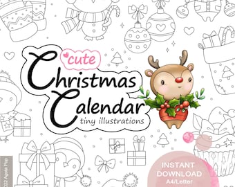 Christmas Calendar Colouring Pages. 24 tiny illustrations. Printable PDF. Instant download.