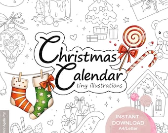 Christmas Calendar Colouring Page Set for Adults. 24 tiny illustrations. Printable PDF. Instant download.