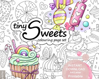 Tiny Sweets Colouring Page Set for Adults. 24 tiny illustrations and a sweets wreath. Printable PDF. Instant download.