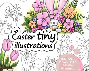 Easter Tiny Illustrations to Colour for Adults. 12 Tinies. Printable PDF. Instant download.